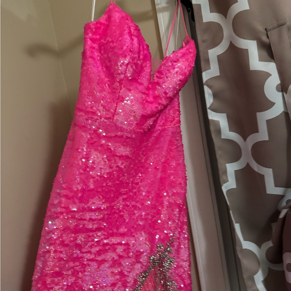 2 Cute Pink Embellished Slit Prom Gown - Picture 4 of 10